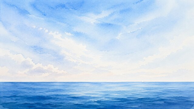 Minimal watercolor seascape with vast horizon and soft clouded sky, calming empty space, peaceful atmosphere