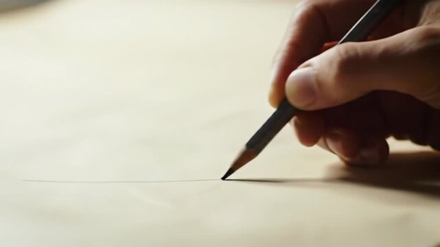 unbleached off-white natural paper texture in extreme macro video with brand-neutral hand placing a graphite pencil on an infinite clean canvas. concept of creative potential and new beginnings