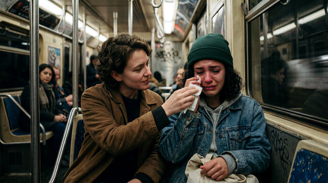 A woman in a brown jacket offers a tissue to a crying young woman in a denim jacket and green beanie while sitting together on a subway train.