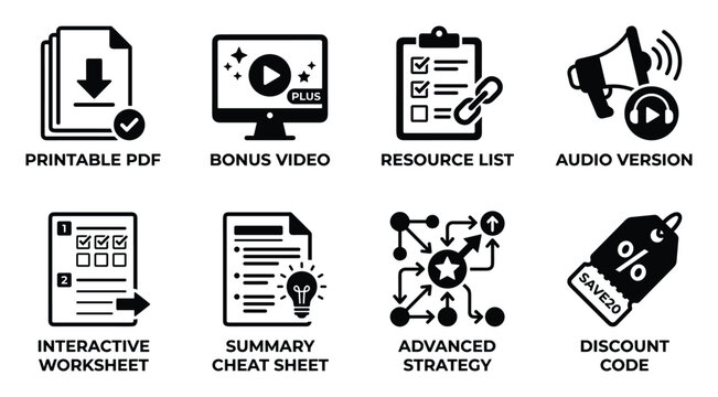 Content format icons printable pdf bonus video resource list audio version interactive worksheet.