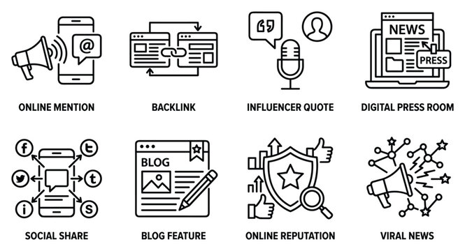 Digital marketing and promotion icons set collection of online business growth strategies.