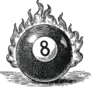 eight ball with flames burning behind, vintage engraved illustration, game symbol and fire design