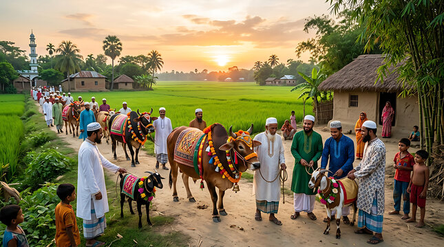 A group of people in traditional clothing leading decorated animals down a dirt road in a rural village at sunset