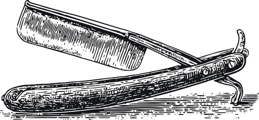 Obraz premium Vintage straight razor with open folding blade in detailed engraving