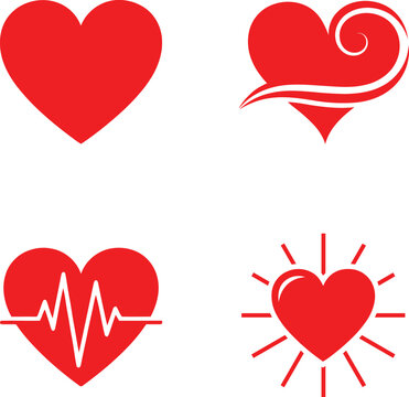 Set of red heart icons with heartbeat line and decorative elements