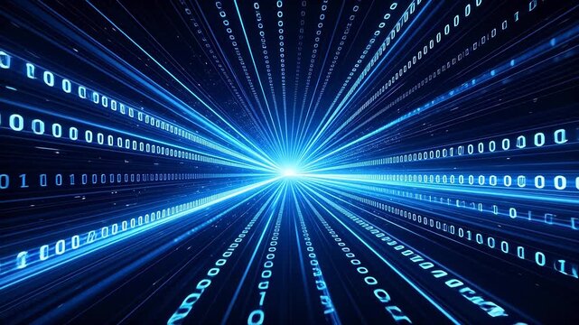 Digital binary code tunnel with blue glowing data stream and motion
