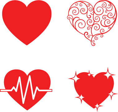 Red heart icons set with swirls, heartbeat and sparkles