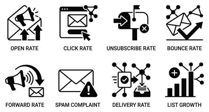 Email marketing rates icons open click unsubscribe bounce forward spam and delivery rates list growth.