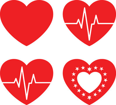 Red heart icons set with heartbeat line and stars isolated on white