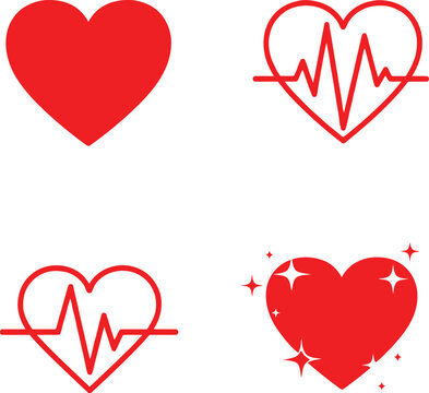 Red heart icons set with heartbeat and sparkling designs