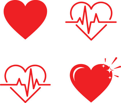 Red heart icons with electrocardiogram and sparkles