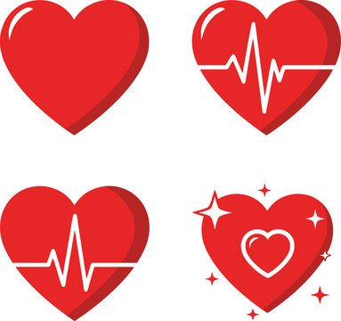 Red heart icons set with heartbeat line and sparkles for healthcare