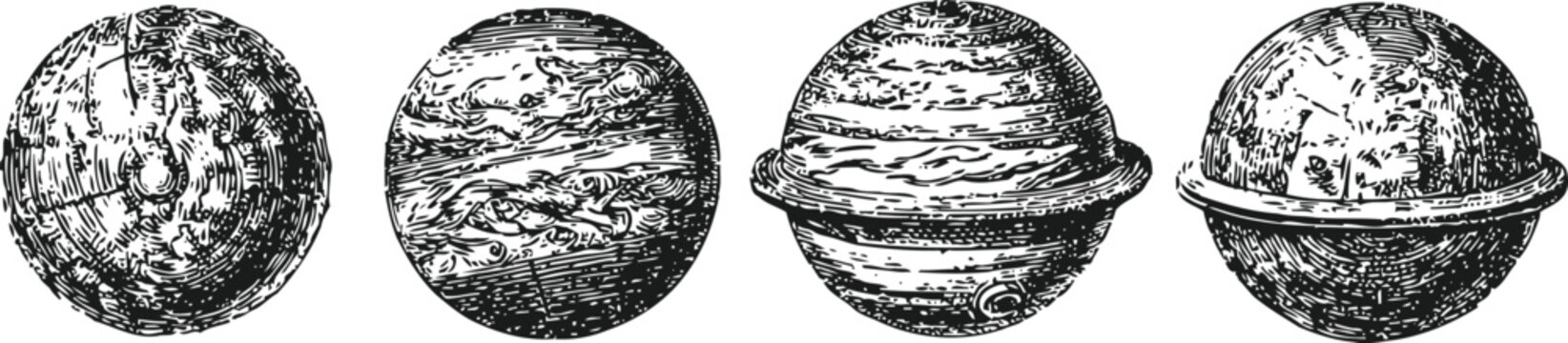 Antique engraving of four planets with detailed surface textures and distinct ring features