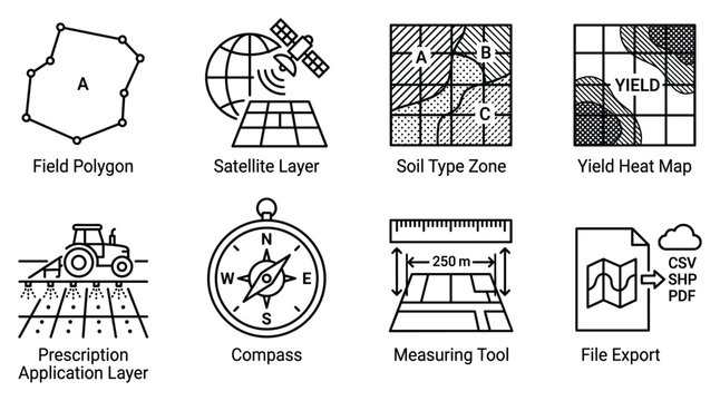 Farming map layers and tools including field polygon, satellite, soil zones, yield map, compass.