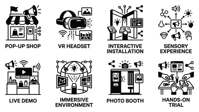 Experiential marketing and interactive technology icon set for modern brand activation and events.