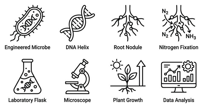 Genetically engineered microbe dna helix root nodule nitrogen fixation lab flask microscope plant growth data analysis.