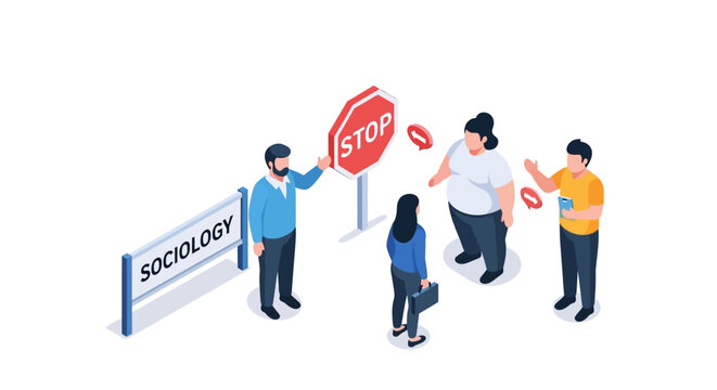 Isometric illustration of people interacting with a stop sign and sociology banner.