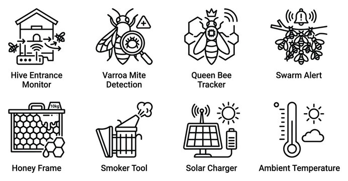 Hive entrance monitor varroa mite detection queen bee tracker swarm alert honey frame smoker.