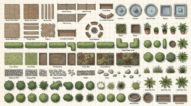 Top View Garden Landscape Elements Vector Set, Modular Landscaping Assets, Plants, Paths, Fencing, Planters, Outdoor Design Kit