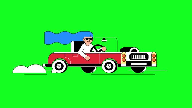 Animated Retro Convertible Car on Green Screen Loop | Cartoon Driver Classic Vehicle Chroma Key