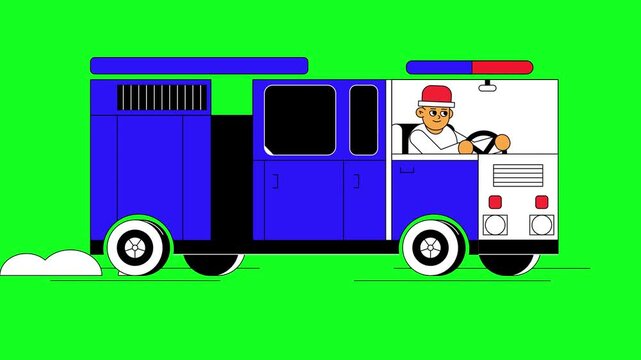 Animated Fire Truck on Green Screen Loop | Cartoon Fire Engine with Driver and Siren Chroma Key