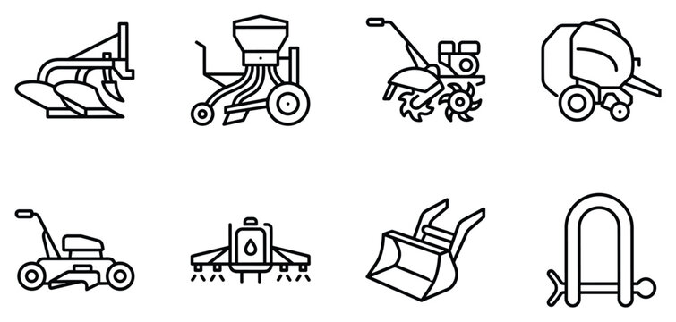 Plow seeder tiller baler mower sprayer bucket hitch agricultural machinery.