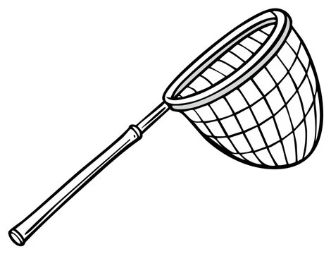 Black and white illustration of a bug catcher net with a long handle and mesh bag
