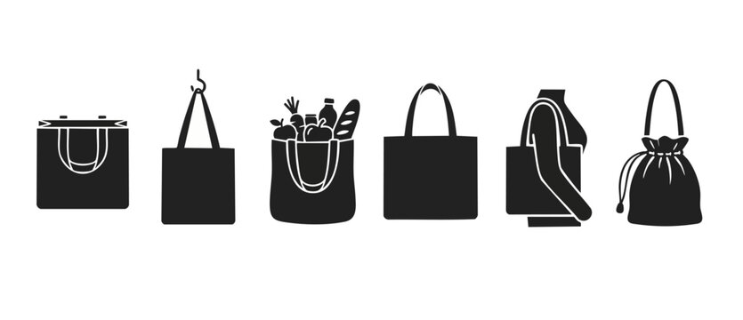 Tote bag icons set, eco-friendly shopping bags with groceries, black silhouette vector illustration for retail branding, sustainable fashion, reuse concept, isolated graphic elements on white backgrou