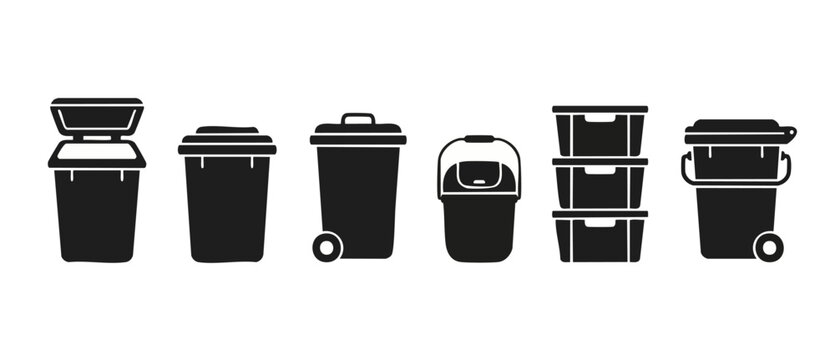 Trash can icons set, waste bin collection, recycling container silhouettes for garbage disposal, household waste management, plastic bins, black glyph design elements isolated on white background.