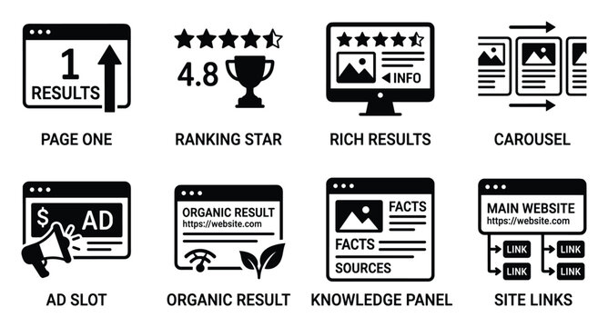 Seo ranking icons page one ranking star rich results carousel ad slot organic result knowledge panel site links.