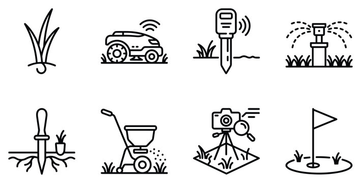 Set of modern farming and gardening tools with robotic mower and smart sensor for lawn care.