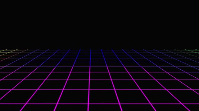 Futuristic neon grid landscape features rainbow gradient on black. Perfect for sci-fi designs and digital backgrounds. Enhance your visuals with this neon grid landscape.