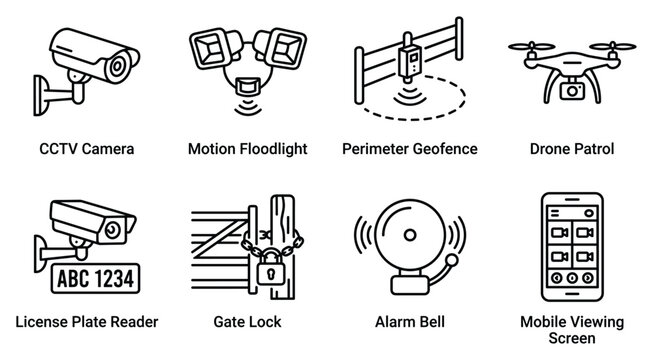 Set of security system icons featuring surveillance cameras motion floodlights drones and license plate readers.