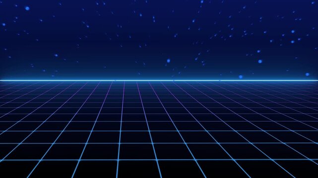 Neon grid horizon floats with blue particles in dark digital space. Perfect for futuristic designs and abstract backgrounds. Enhance your visuals with this neon grid animation.