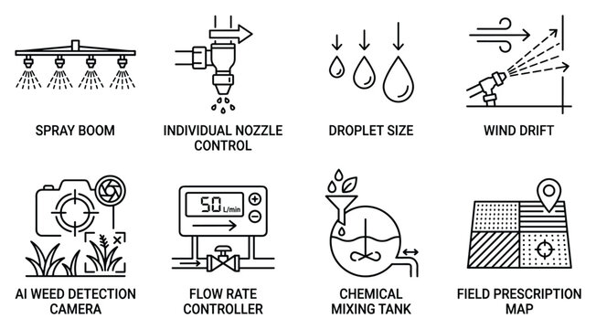 Spray boom nozzle control droplet size wind drift ai weed detection camera flow controller.