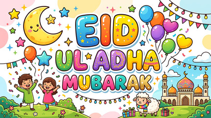 Fototapeta premium Eid ul adha mubarak festive illustration with colorful balloons and children