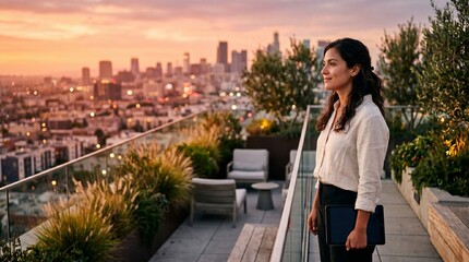 Fototapeta premium Business woman holding tablet standing on a modern rooftop terrace at sunset.