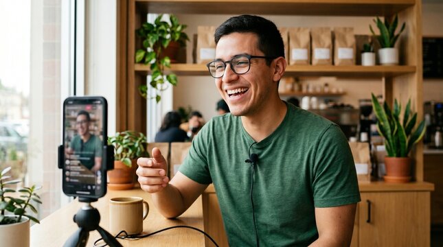 Young Hispanic man vlogging with smartphone and microphone in modern coffee shop
