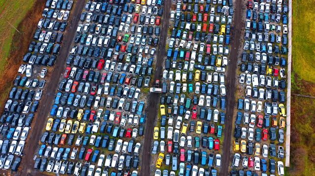 Rows of scrapped cars. Orthogonal drone shot of numerous damaged vehicles arranged in lines at a professional car dismantling site.