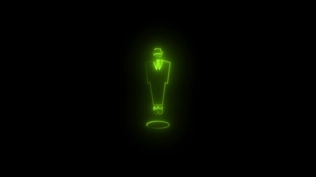Neon glowing brown man business suit icon animation in black background