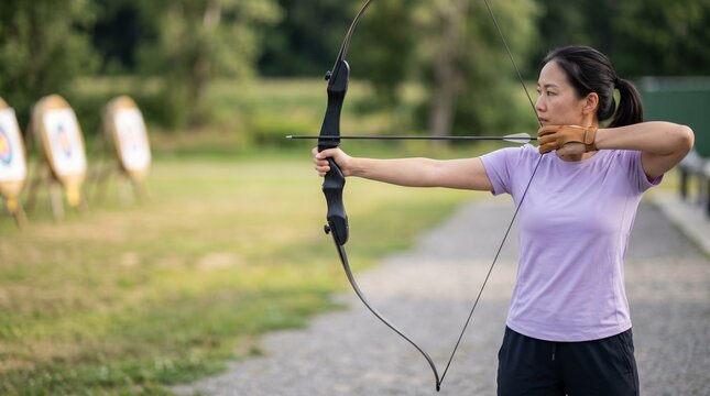 Asian woman aiming bow and arrow at targets in outdoor archery range.