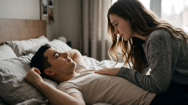 A couple shares a tender moment in bed, embodying intimacy and connection