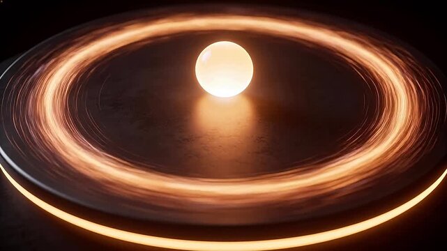 Circular light source surrounded by warm orange concentric rings in darkness