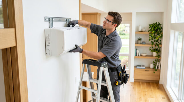 HVAC installer man mounting mini-split air conditioning unit on residential wall