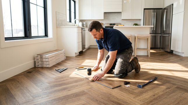 Man installing luxury vinyl plank flooring in modern home kitchen