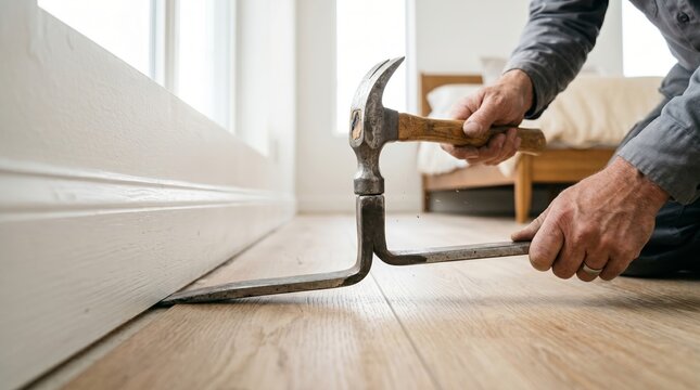 Man using pry bar and hammer to remove baseboard molding