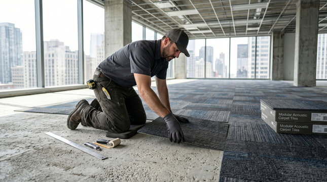 Flooring contractor installing modular carpet tiles in commercial office space