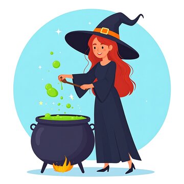 A cartoon witch stirs green potion in a bubbling cauldron