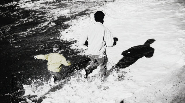 Father and Son Running on the Beach. Generative AI