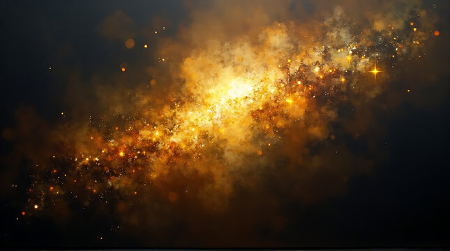 Glowing orange particles on dark space background with bright light